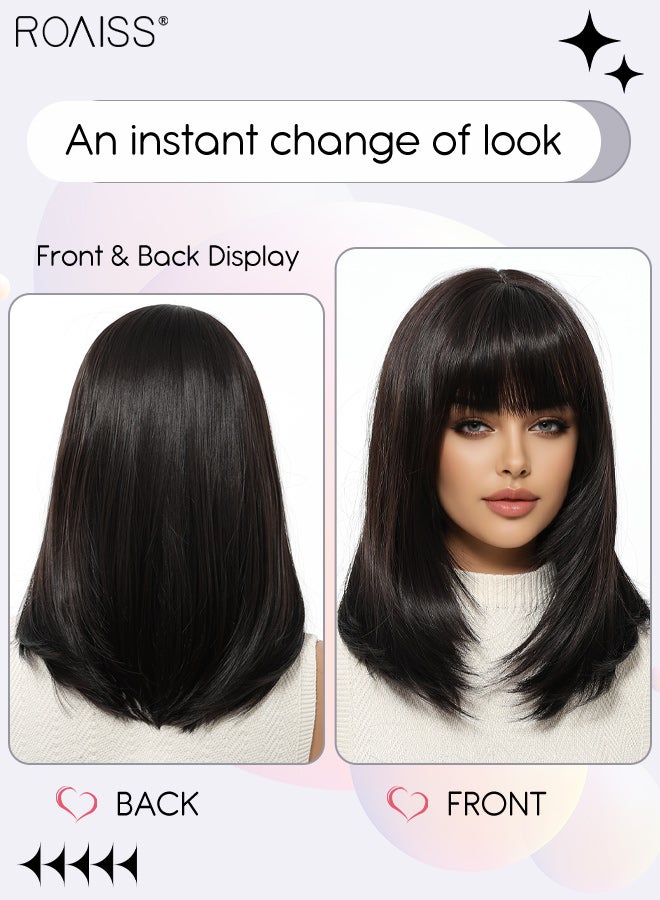 roaiss Natural Black Bob Straight Hair Wig with Bangs, Heat Resistant Synthetic Wig for Women, Suitable for Wedding Cosplay Party Daily Wear, Natural Looking, 35.6cm (14 inches) - Image 2